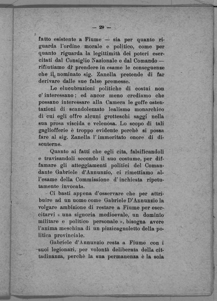 Pro-memoria in risposta alla petizione presentata dal sig. Riccardo Zanella contro il Comando ed il Consiglio nazionale di Fiume